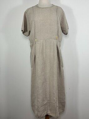 Vintage Flax 100% Linen Maxi Dress Tan Short Sleeves, Pockets Lagenlook Sz M?